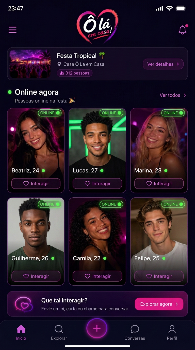 Feed do app com pessoas online na festa