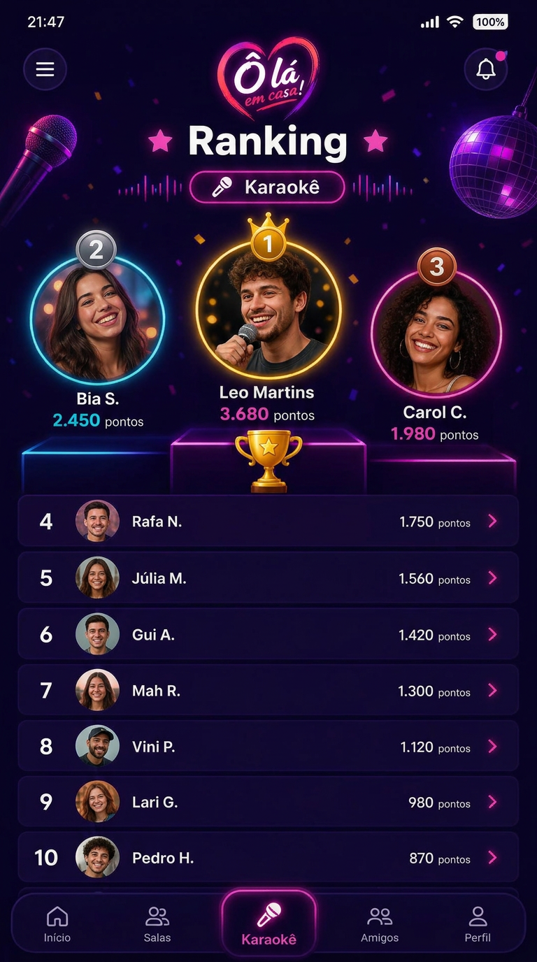 Ranking do karaokê no app Ô Lá em Casa